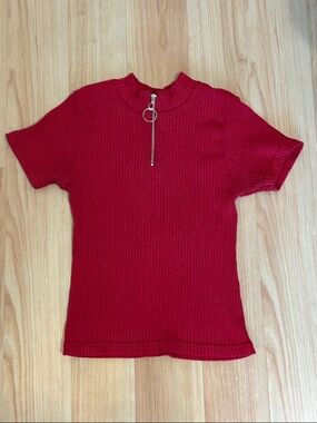 Vintage Y2K Red Ribbed Quarter Zip Mock Neck Short Sleeve Top - Size Large